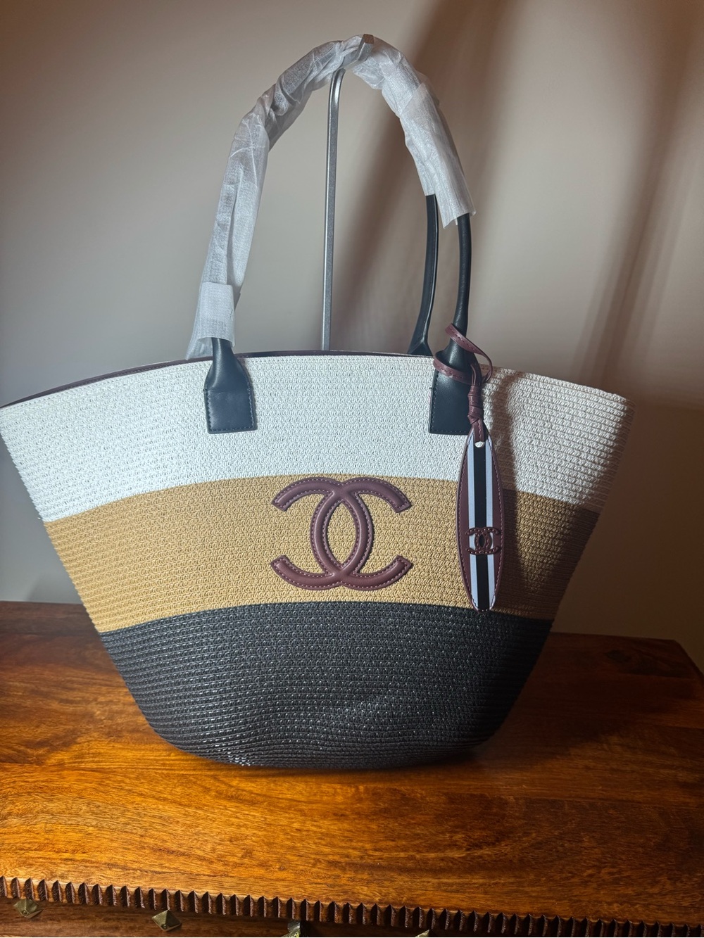 Straw Tri-Color Tote - White, Tan & Black. No Brand.